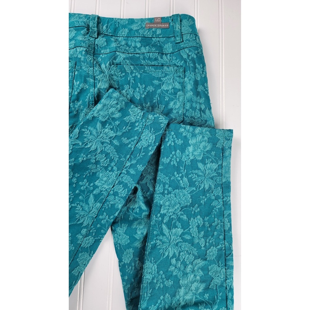 Lauren Conrad Womens Pants Size 4 Teal Floral Damask Jacquard Stretch Pencil
